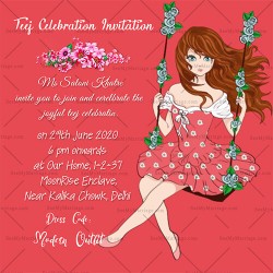 Light red background, spring, swinging girl, modern girl, Teej card, floral wines, Western kitty party invite card