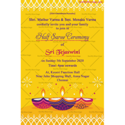 Ritushuddhi Indian Traditional Hindu Half Saree Ceremony Invitation Card In Yellow Theme With Diyas