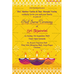 Yellow theme halfsaree invitation card, Traditional Rutu suddhi card, Mechure function card
