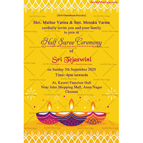 Ritushuddhi Indian Traditional Hindu Half Saree Ceremony Invitation Card In Yellow Theme With Diyas