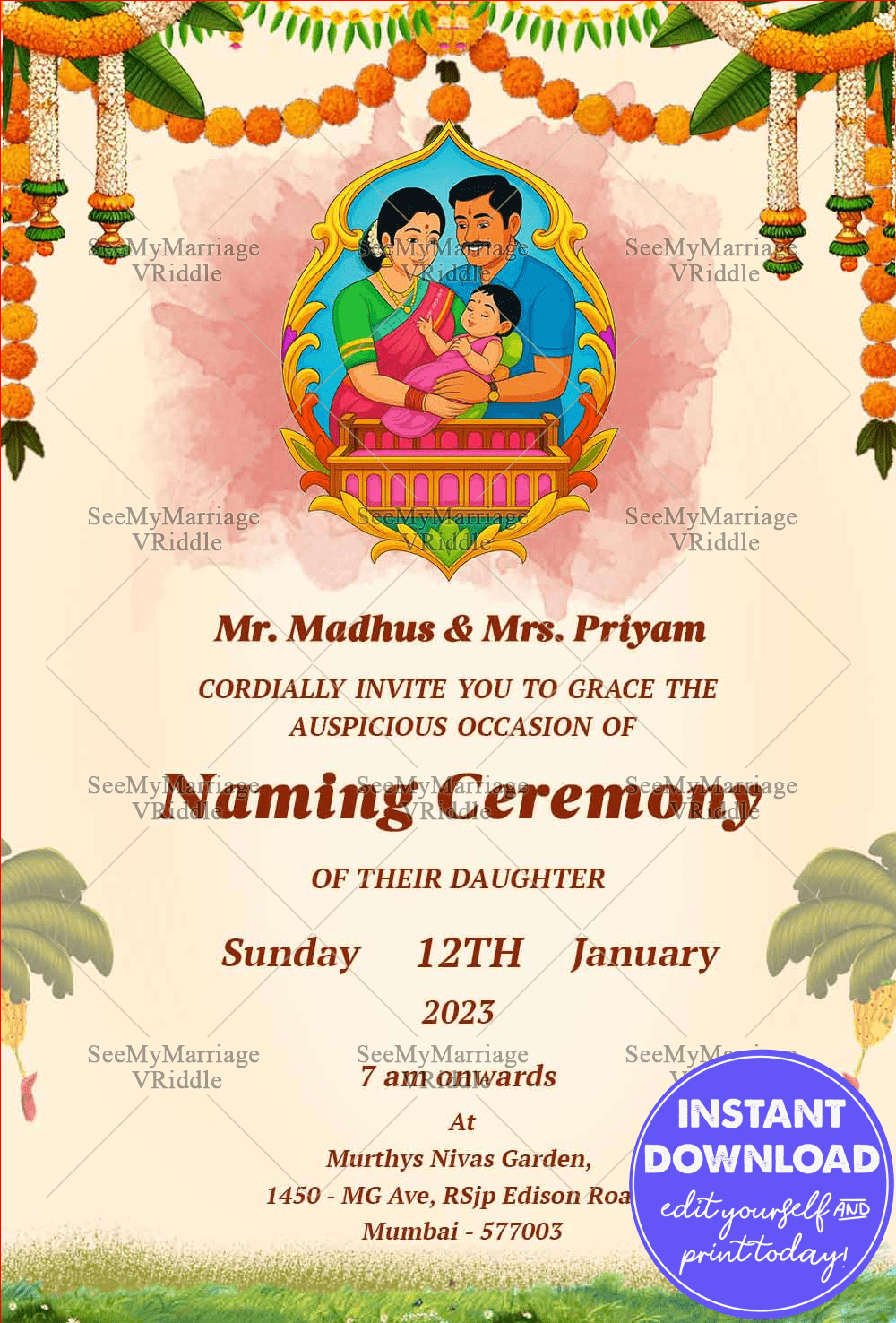 Telugu Cradle Ceremony Card, Old Traditional Look Naming Ceremony Invitation Card In South Indian Ritual Style