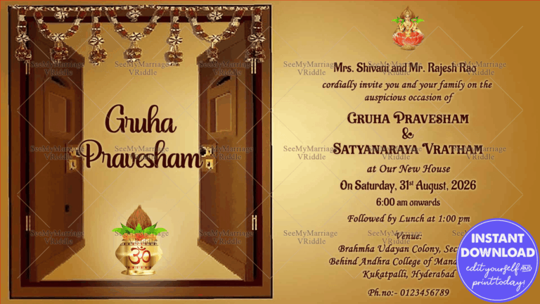Telugu Housewarming Card, Traditional South Indian Gruhapravesam Invitation Template