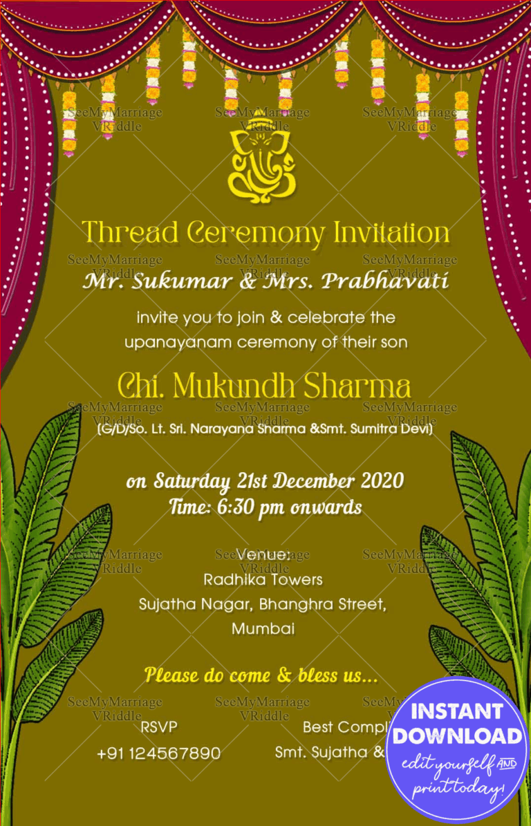 Traditional Green Theme Thread Ceremony Invitation Video With Curtains And Gold Text