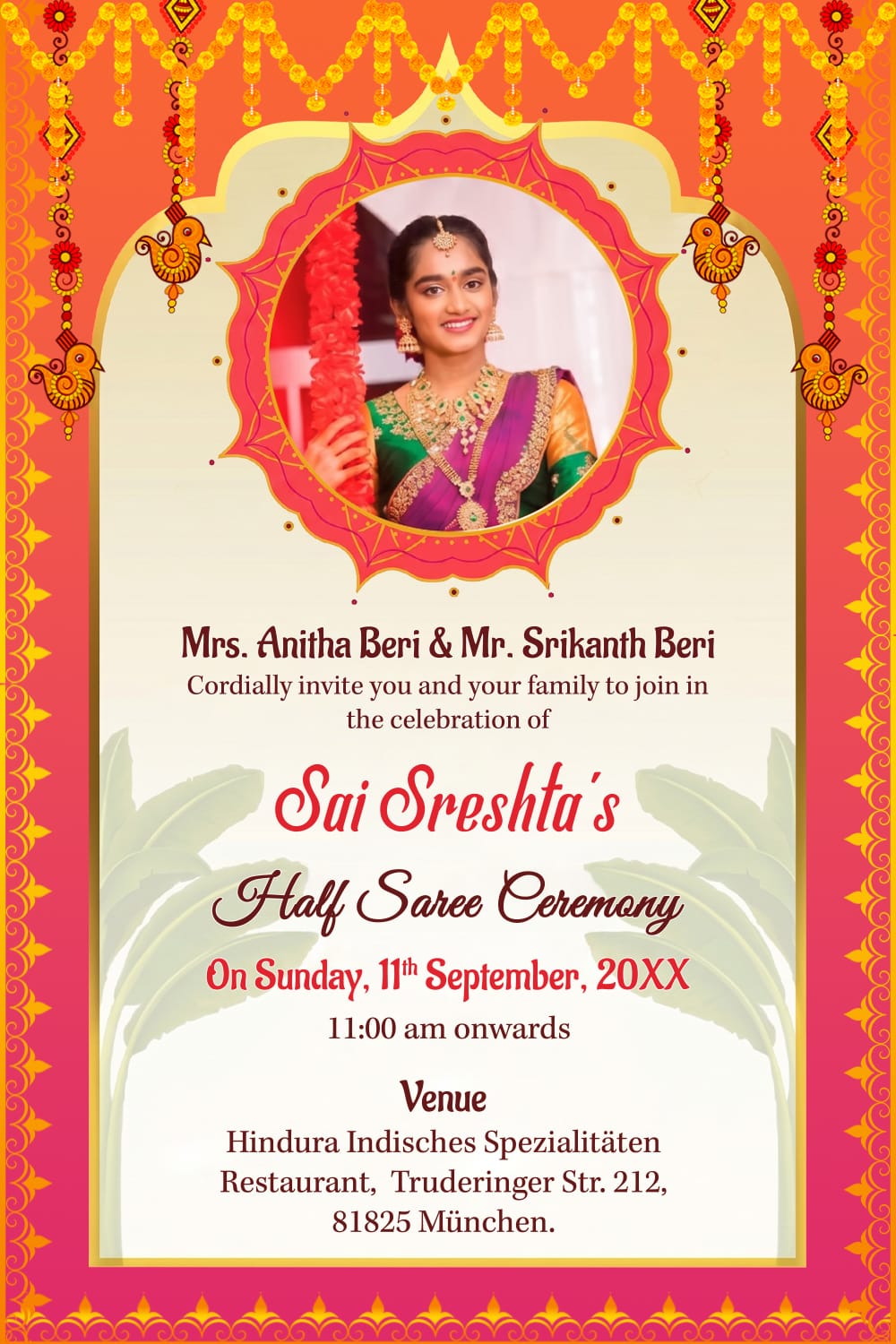 Traditional Half Saree Invitation_banana Tree Background Theme_hindu Decorated