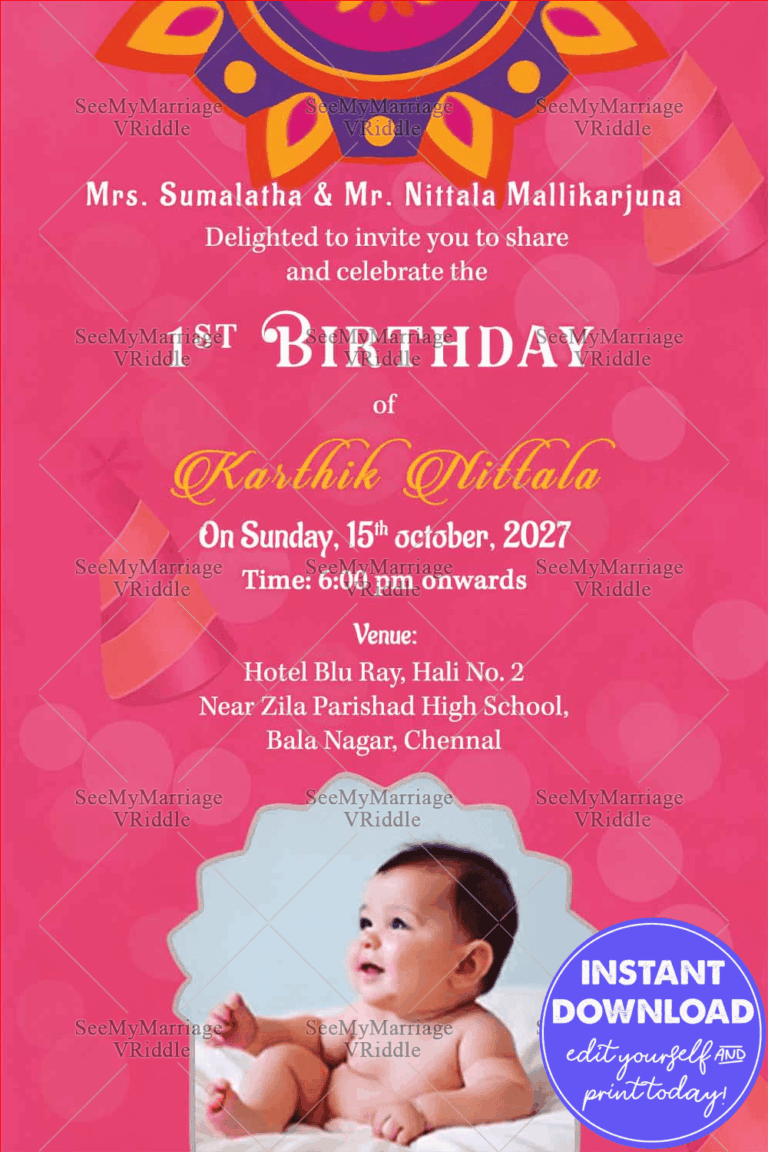 Traditional Tamil Style Pink And Yellow Theme Birthday Invitation Card With Party Hats And Baby Pic
