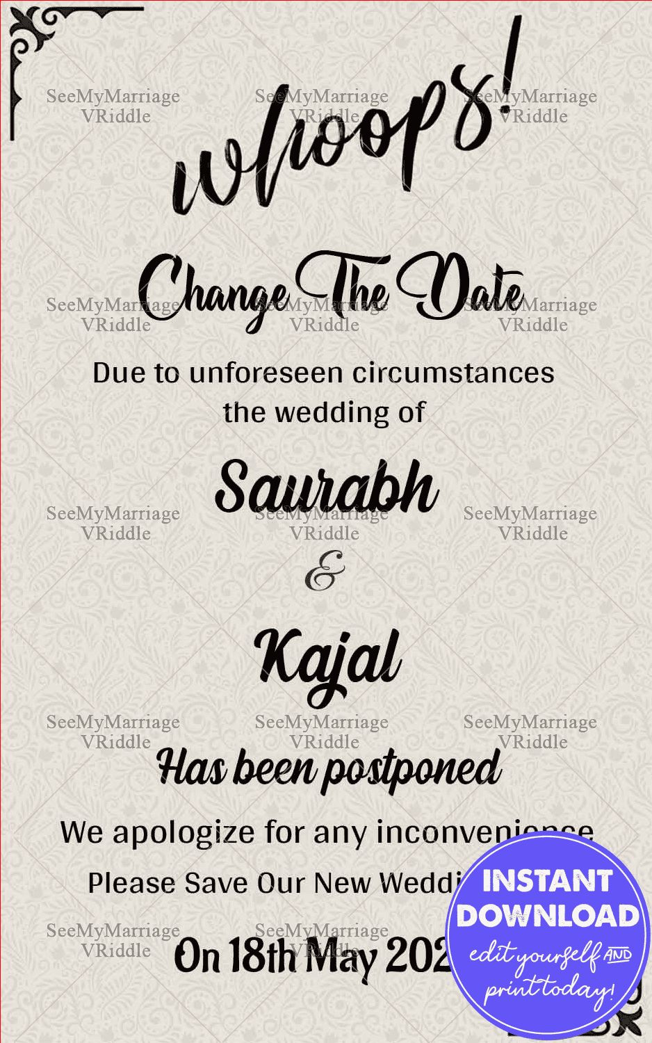 Whoops We Changed The Plan – New Wedding Date Announcement Ecard