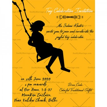 Yellow background cards, Black sketch, Cradle, Swinging Girl, Teej Invite Card, Kitty Party Invitation Card