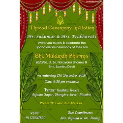 Red curtain theme traditional upanayanam card, Yagnopavitra invitation