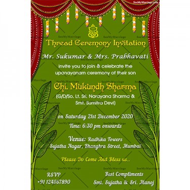 Red curtain theme traditional upanayanam card, Yagnopavitra invitation