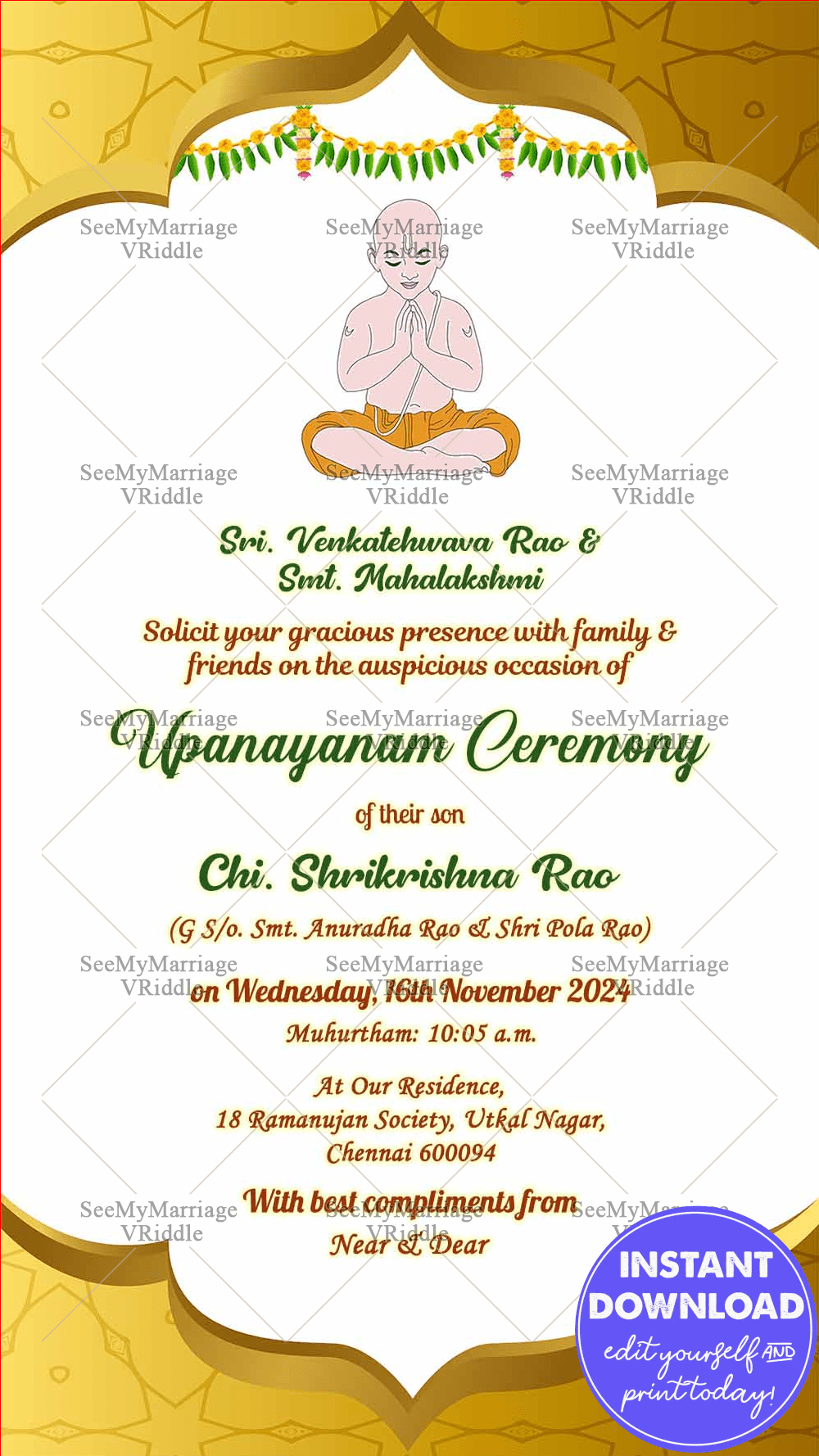 Golden Theme Upanayanam Invitation Whatsapp Card
