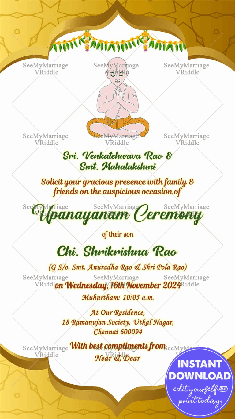 Golden Theme Upanayanam Invitation Whatsapp Card