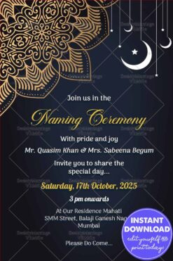 Baby Naming Ceremony Invitation Card In Dark Navy Blue Background With Traditional Mandala Design