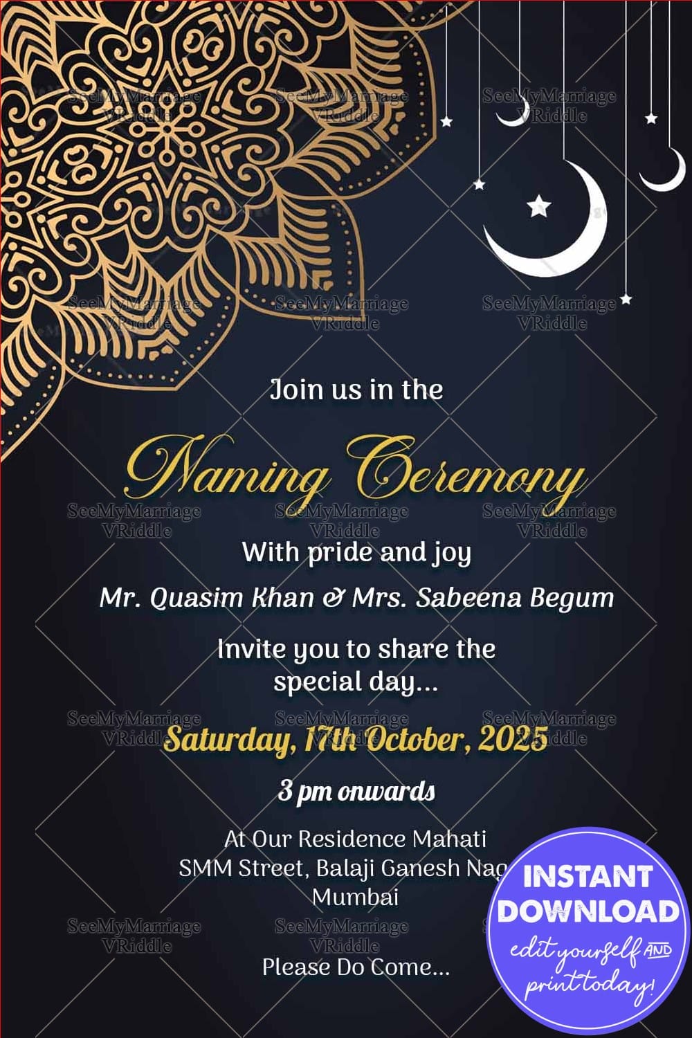 Baby Naming Ceremony Invitation Card In Dark Navy Blue Background With Traditional Mandala Design