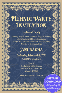 Blue Theme Floral Boarder Mehndi Inviation Card