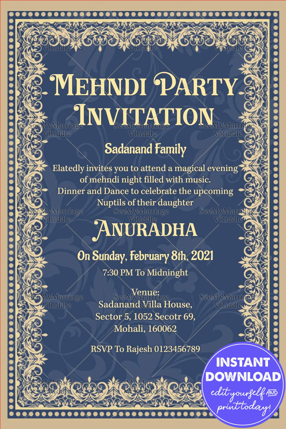 Blue Theme Floral Boarder Mehndi Inviation Card