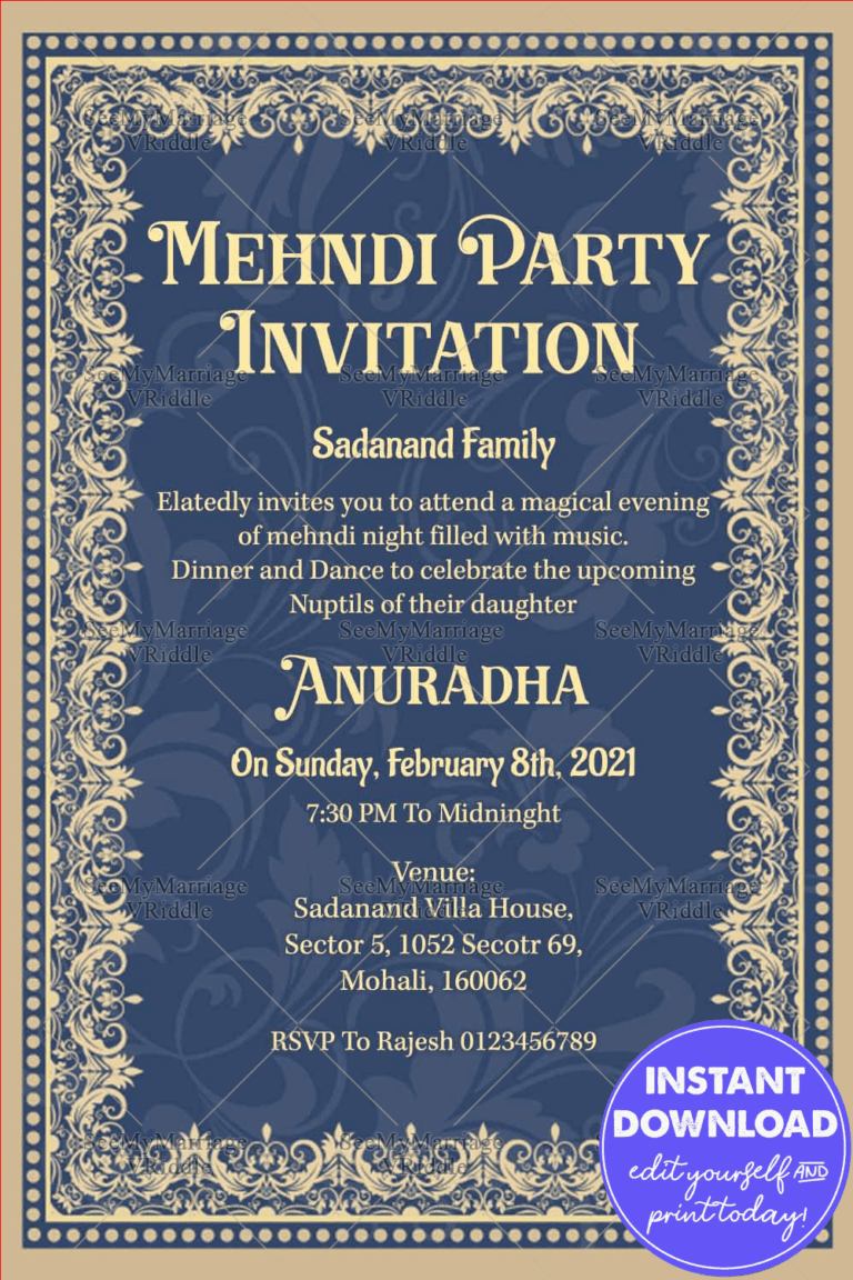 Blue Theme Floral Boarder Mehndi Inviation Card