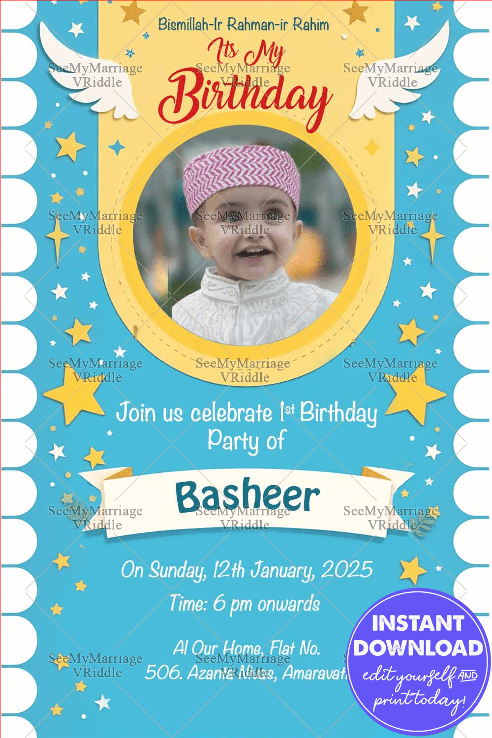 Blue Theme Islamic Birthday Whatsapp Invitation Card