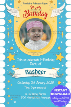 Blue Theme Islamic Birthday Whatsapp Invitation Card