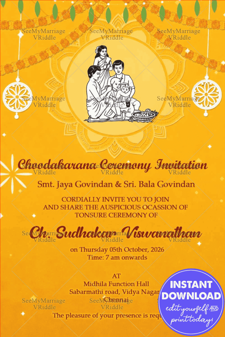 Choodakarana Samskaram Yellow Theme Background Decorated With Marigold Flower Garland And Mango Leaves