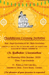 Choodakarana Samskaram Yellow Theme Background Decorated With Marigold Flower Garland And Mango Leaves
