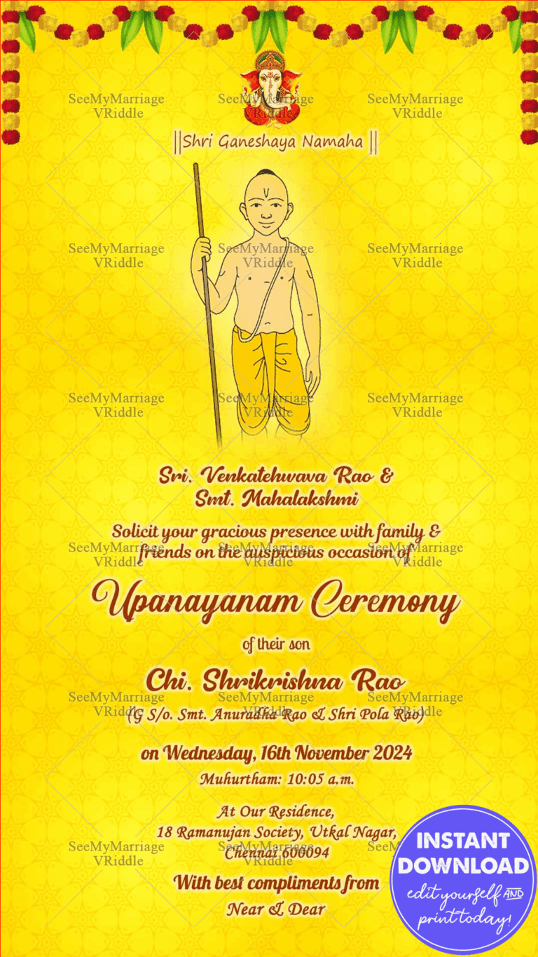 Ganesha Theme Yellow Upanayanam Invitation Card