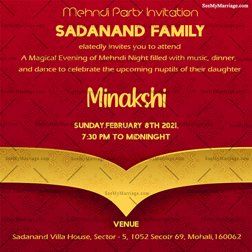 Indian Golden Royal Red Theme Mehndi Party Invitation Card