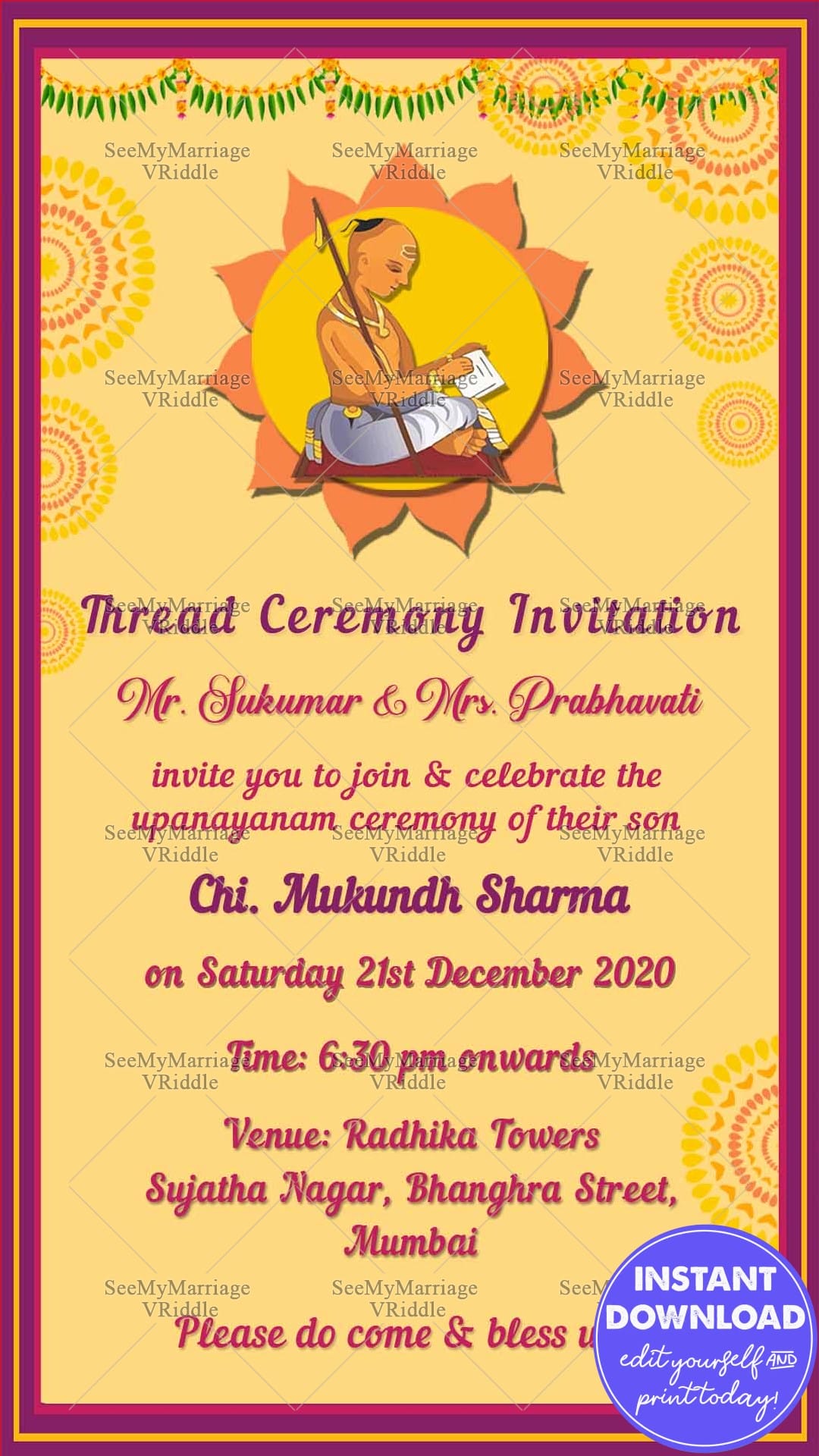 North Indian Thread Ceremony Invitation Card