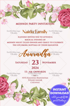 Rose And Leaf Mehndi Invitaion Card