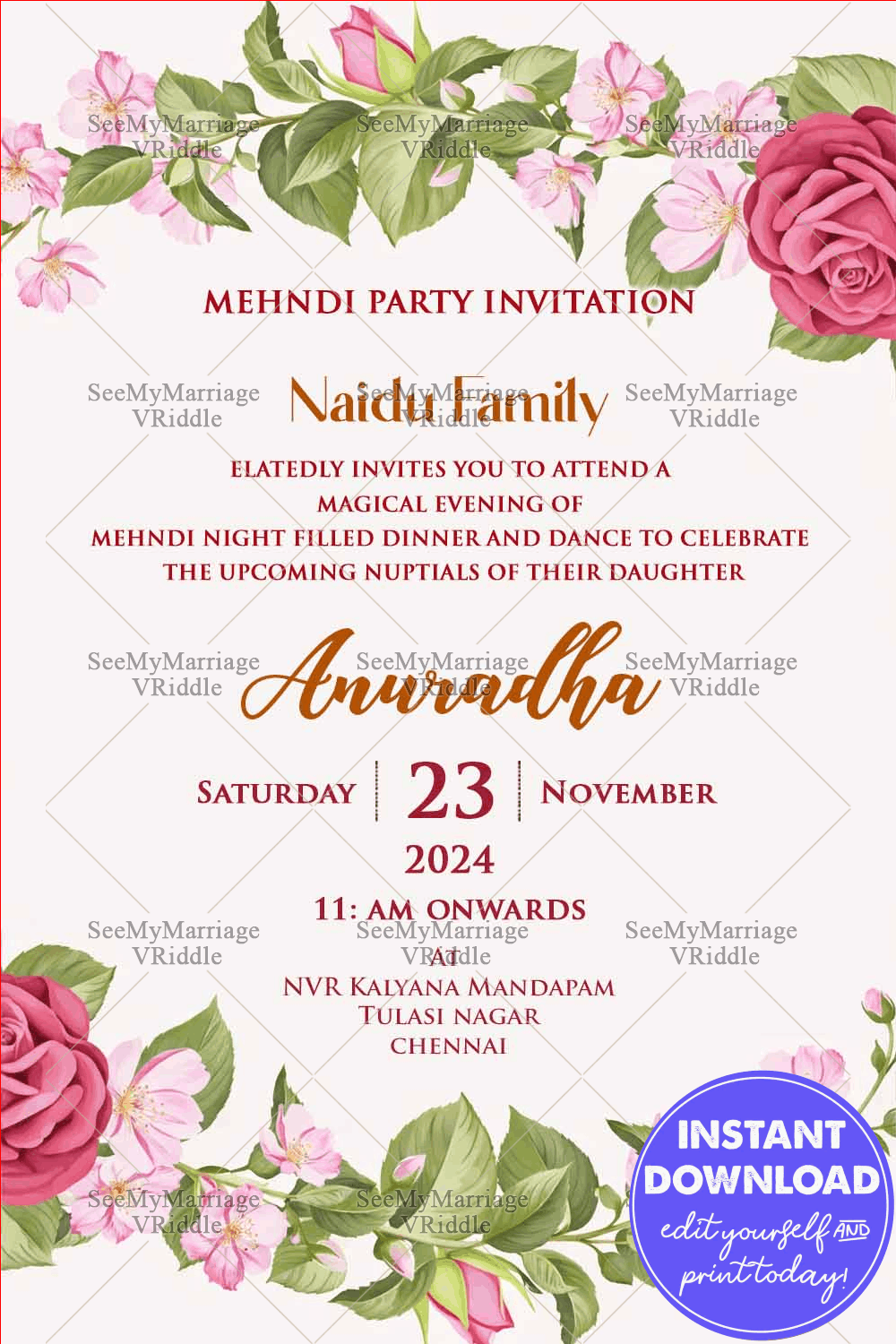 Rose And Leaf Mehndi Invitaion Card