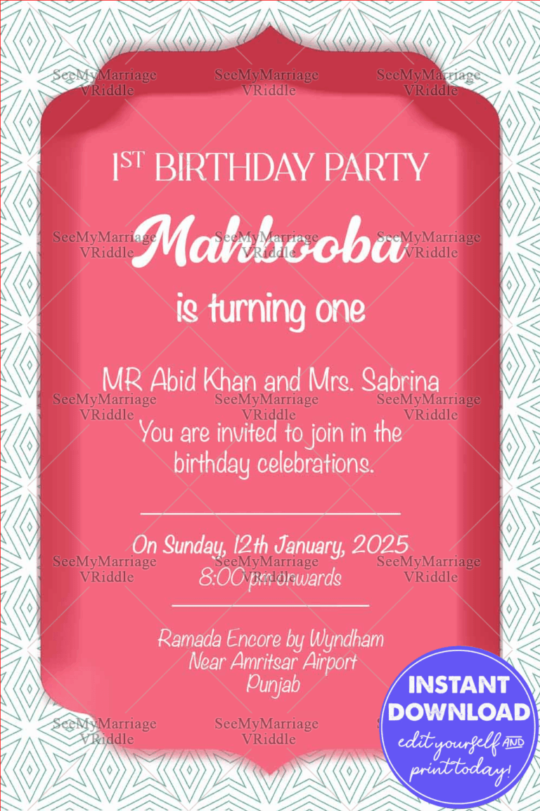 Royal Mughal Empire Theme Muslim 1st Birthday Invitation Card
