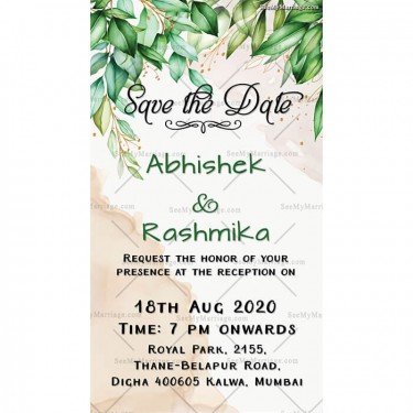 Watercolor, Spring theme, Leaves, Green Perch, Tree, Garden invite, Forest invite card, Green text, modern save the date
