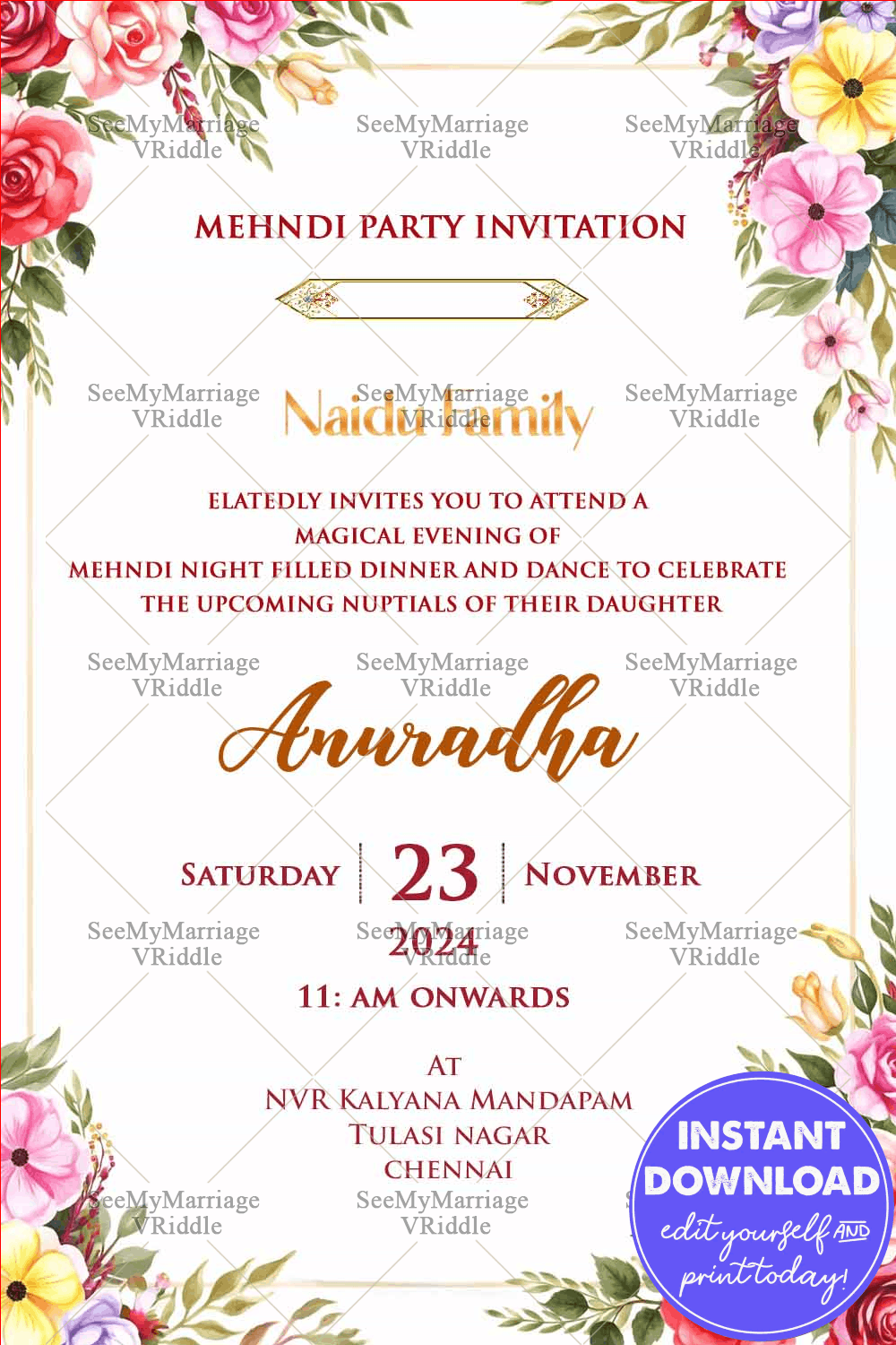 Summer Love Mehndi Invitation Card