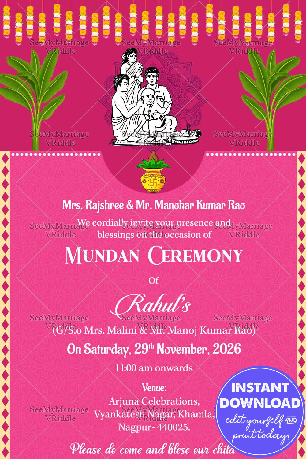 Tonsure Ceremony Pink Theme Cream Bordered Invitation Ecard