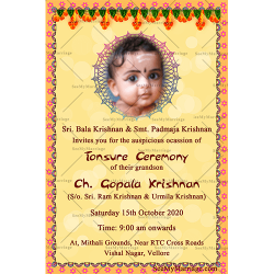 Traditional Tamil Style Tonsuring Ceremony Invitation Card In Cream Theme Background Decorated With Thoranam And Bokeh