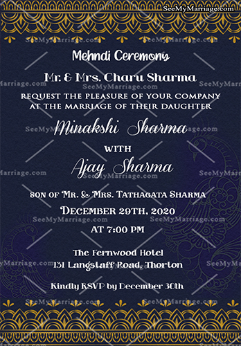 Traditional Blue Theme Golden Frame Mehndi E Card