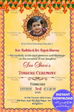 Traditional Tamil Style Tonsuring Ceremony Invitation Card In Cream Theme Background Decorated With Thoranam And Bokeh