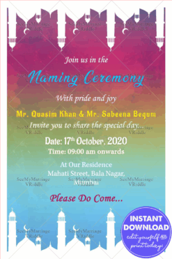 Trendy Rainbow Theme Muslim Baby Naming Ceremony Invitation Ecard With Decorated Mosque Border Ends