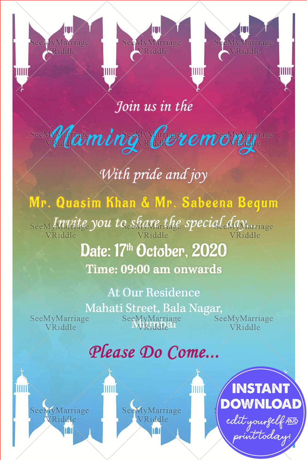 Trendy Rainbow Theme Muslim Baby Naming Ceremony Invitation Ecard With Decorated Mosque Border Ends