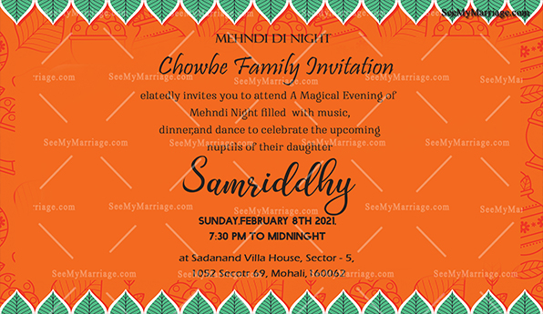 White Leaf Decoration Mehndi Party Invitation Card