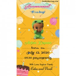 Baby Boy Birth Announcement Invite, Yellow theme, Balloons, Cake, Stars, Baby Cartoon