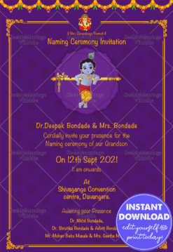 Little Kanhaiya Theme Naming Ceremony Invitation Card With Violet Background