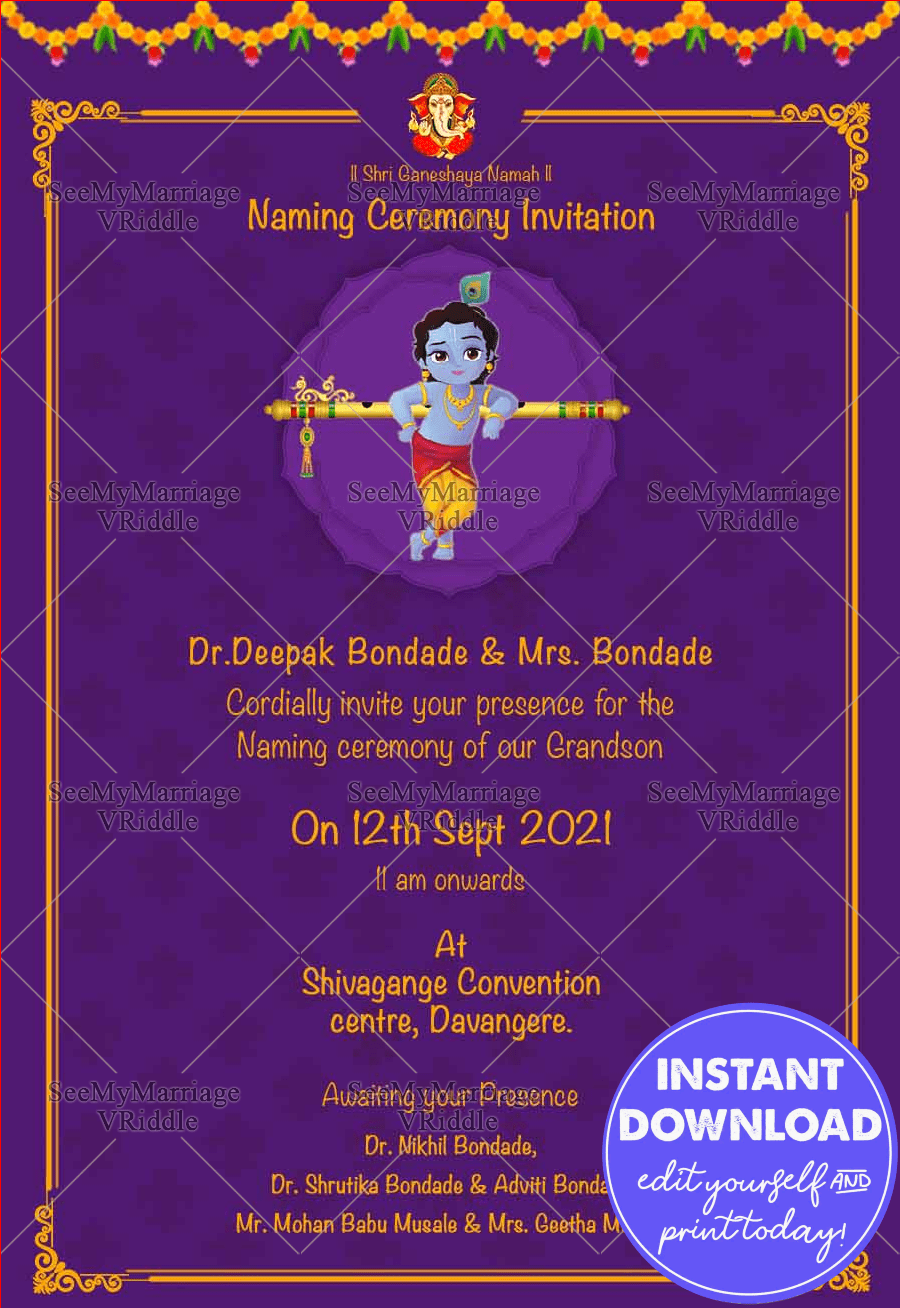Little Kanhaiya Theme Naming Ceremony Invitation Card With Violet Background