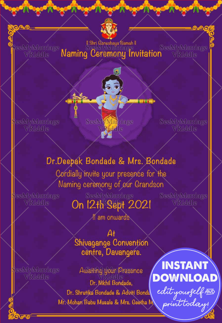 Little Kanhaiya Theme Naming Ceremony Invitation Card With Violet Background