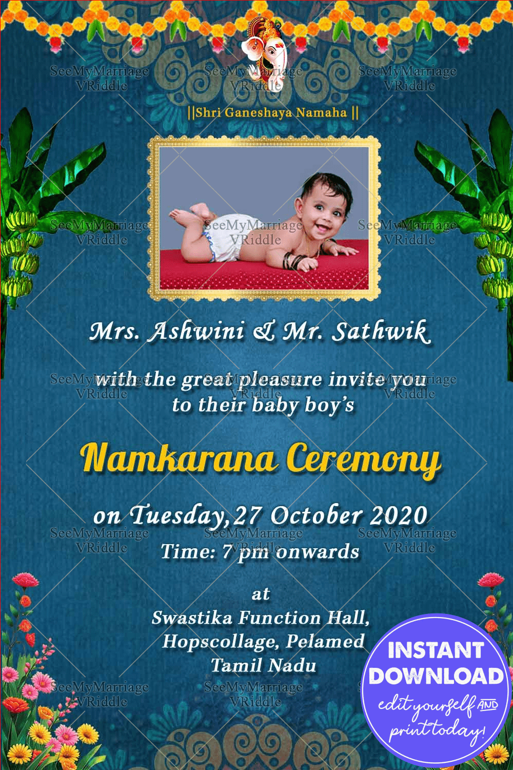 Our Little Penguin Blue Theme Floral Border Naming Ceremony Invitation Card