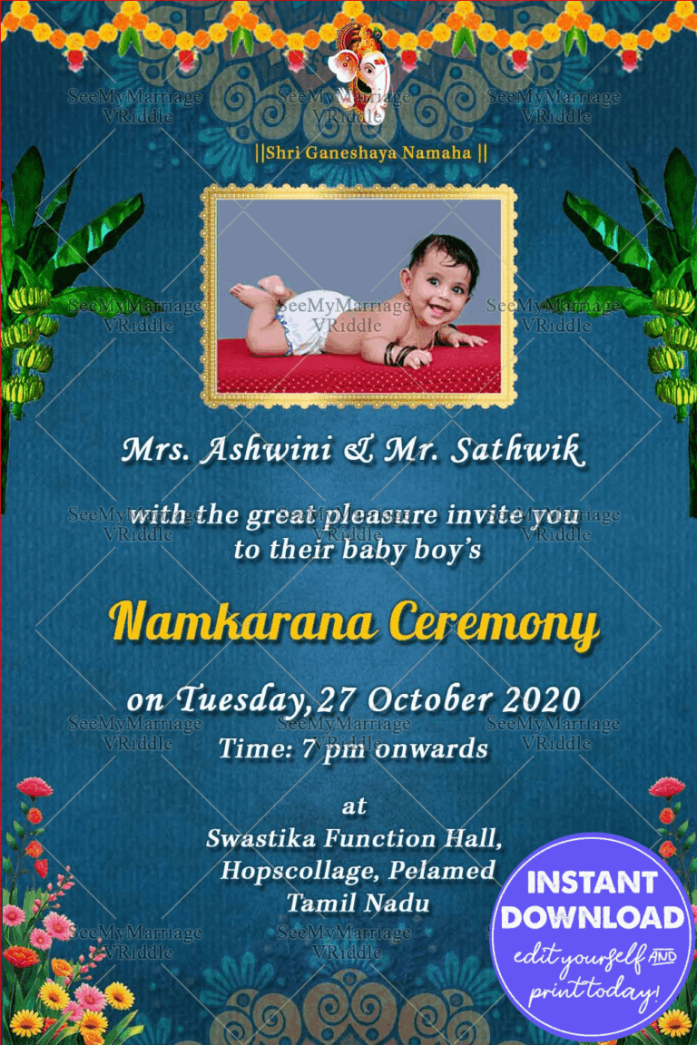 Our Little Penguin Blue Theme Floral Border Naming Ceremony Invitation Card