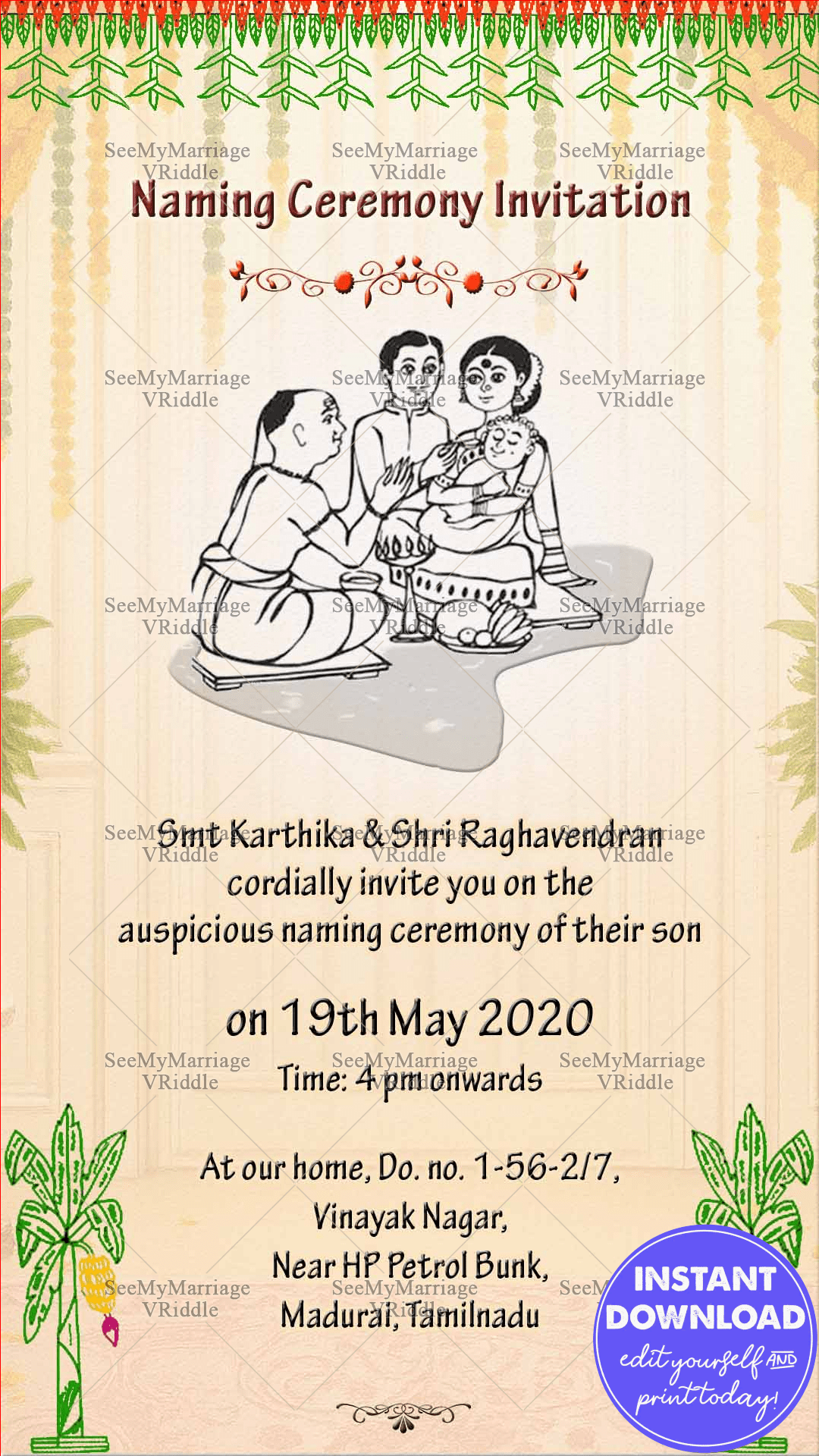 South Indian Traditional Naming Ceremony Invitation Card