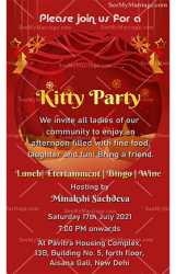 Red theme kitty party invitation card, Cloth background, maroon, Traditional, Hindu, Teej Party