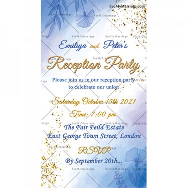 Sky blue, golden invite, Floral, spring, Golden corners, Pattern background, Reception Invitation card, Water color Theme Invitation Card, Christian Reception Invitation Card