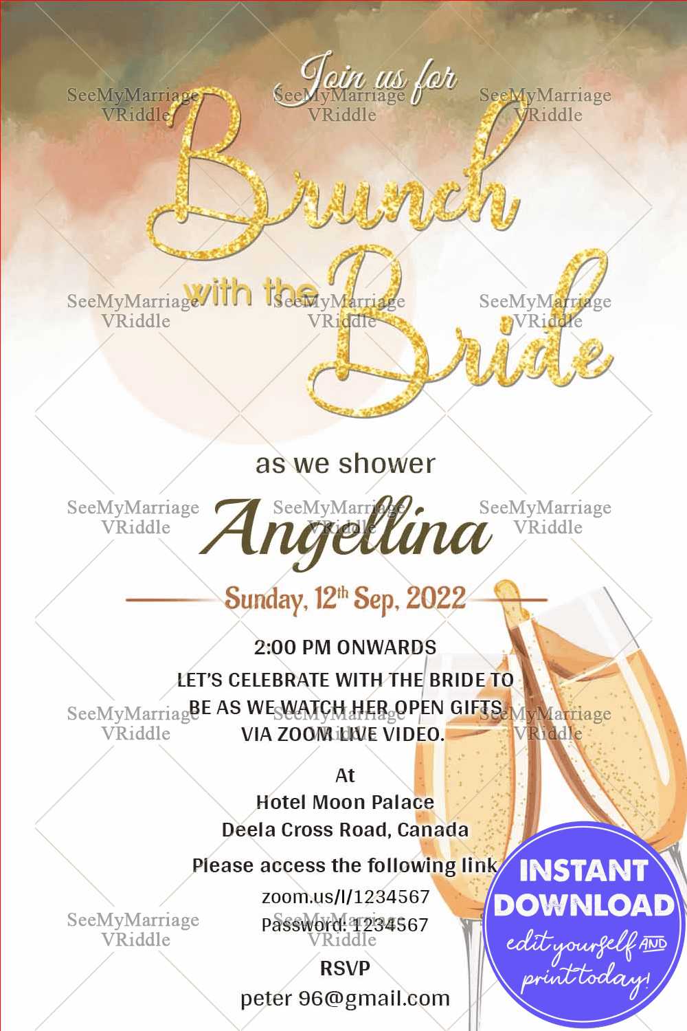 Golden Bridal Shower Save The Date Ecard, Glitter, Cocktail Glasses, Watercolor