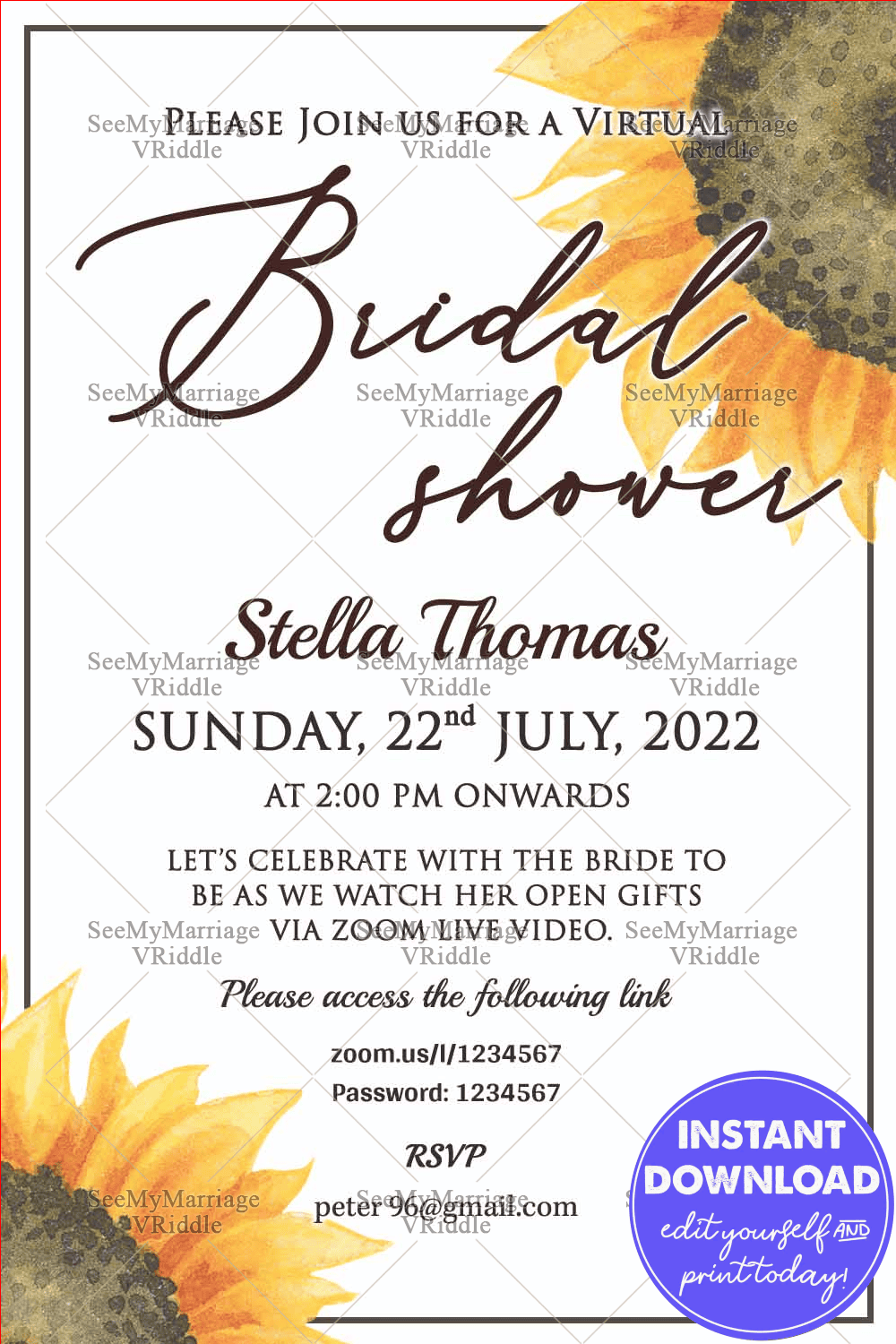 Sun Flower Valley Bridal Shower Single Automation Invitation Card